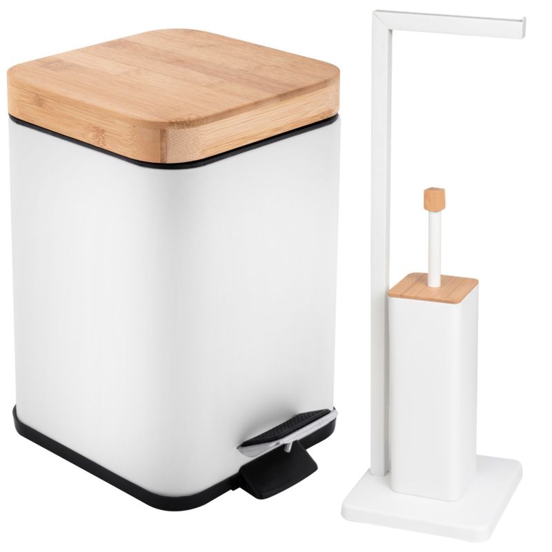 Zestaw Łazienkowy SIDO SAKI - YOKA HOME Kosz 3L kwadratowy + Szczotka WC ze Stojakiem na Papier Biały i Bambus - 1 szt.