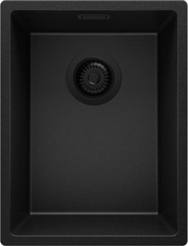 PRIMAGRAN Zlewozmywak Cały Czarny 36x47cm, Zlew Kuchenny 1 Komorowy + Syfon, Nablatowy do szafki od 40cm - Londyn Slim