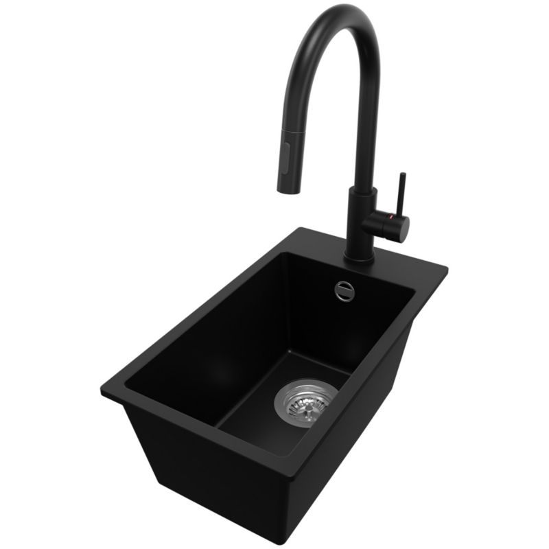 PRIMAGRAN Zlewozmywak Granitowy Czarny 28x50cm, Zlew Kuchenny 1 Komorowy + Syfon + Akcesoria, Nablatowy do szafki od 30cm - Ryga