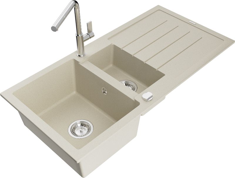 Zlewozmywak granitowy Mexen Andres 1,5-komorowy z ociekaczem i baterią kuchenną Flora beżowy 6515-69-670401-00