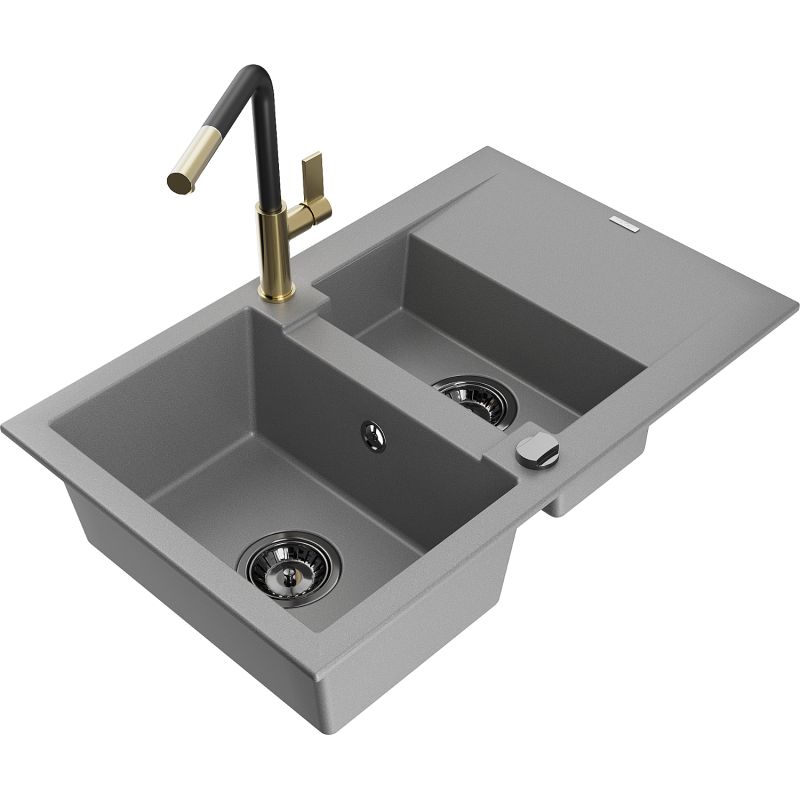 Zlewozmywak granitowy 1.5-komorowy Mexen Gaspar z ociekaczem i baterią kuchenną Flora szary 6507-71-670401-57-B