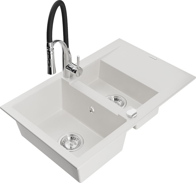 Zlewozmywak granitowy Mexen Gaspar 1,5-komorowy z ociekaczem i baterią kuchenną Aster biały 6507-20-73450-07