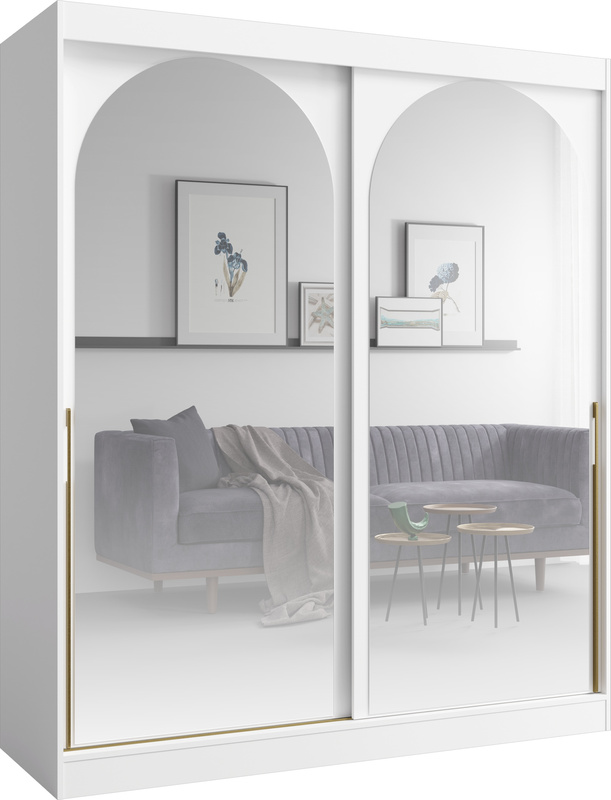 Duża biała szafa przesuwna z dwoma lustrami 180 cm drzwi przesuwne złote uchwyty