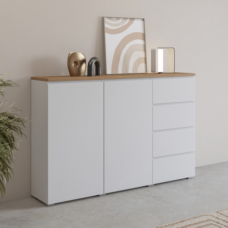 Biała dwudrzwiowa komoda 150 cm do salonu MODO z szufladami
