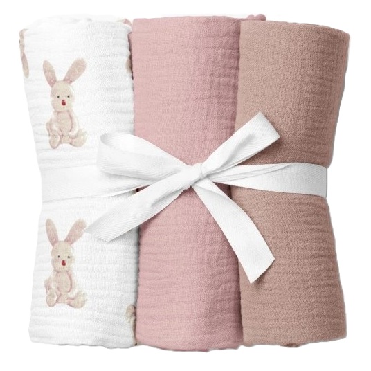 Zestaw 3 pieluszek muślinowych Ciemny Beż, Brudny Róż i Króliczki AL