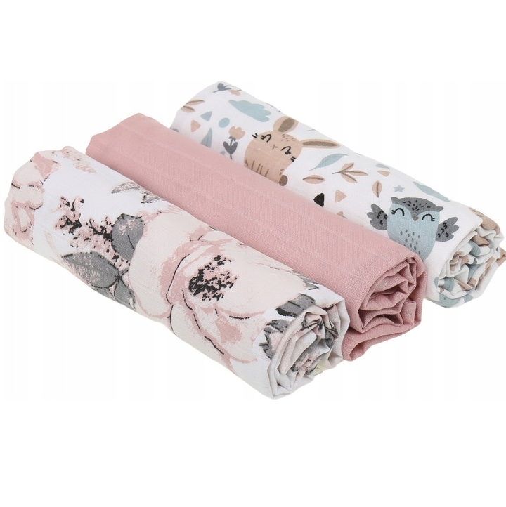 Zestaw 3 pieluszek muślinowych Szare kwiaty i Zwierzątka Wyprzedaż