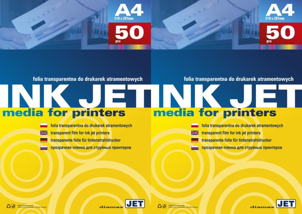 2x Folia do nadruku Argo, do drukarek atramentowych, A4, 50 arkuszy, 100 μm, przezroczysty
