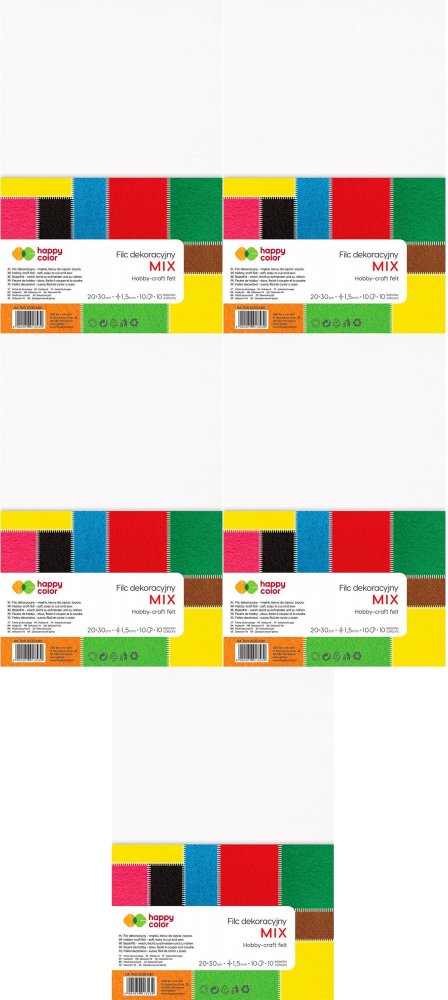 5x Filc dekoracyjny Happy Color Mix, 20x30 cm, 1.5 mm, 10 arkuszy, 10 kolorów