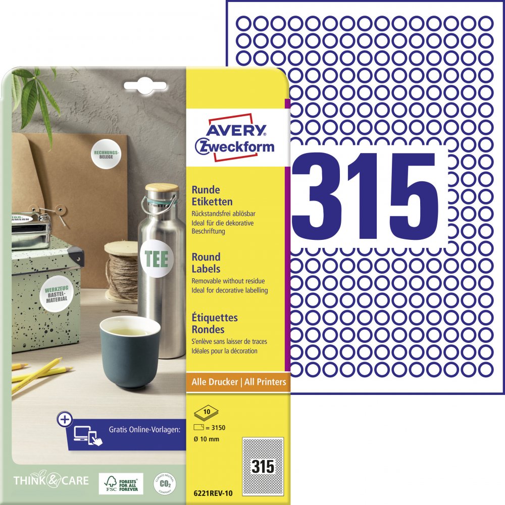 Etykiety samoprzylepne usuwalne Avery Zweckform, okrągłe, średnica 10mm, 10 arkuszy, 3150 sztuk, biały