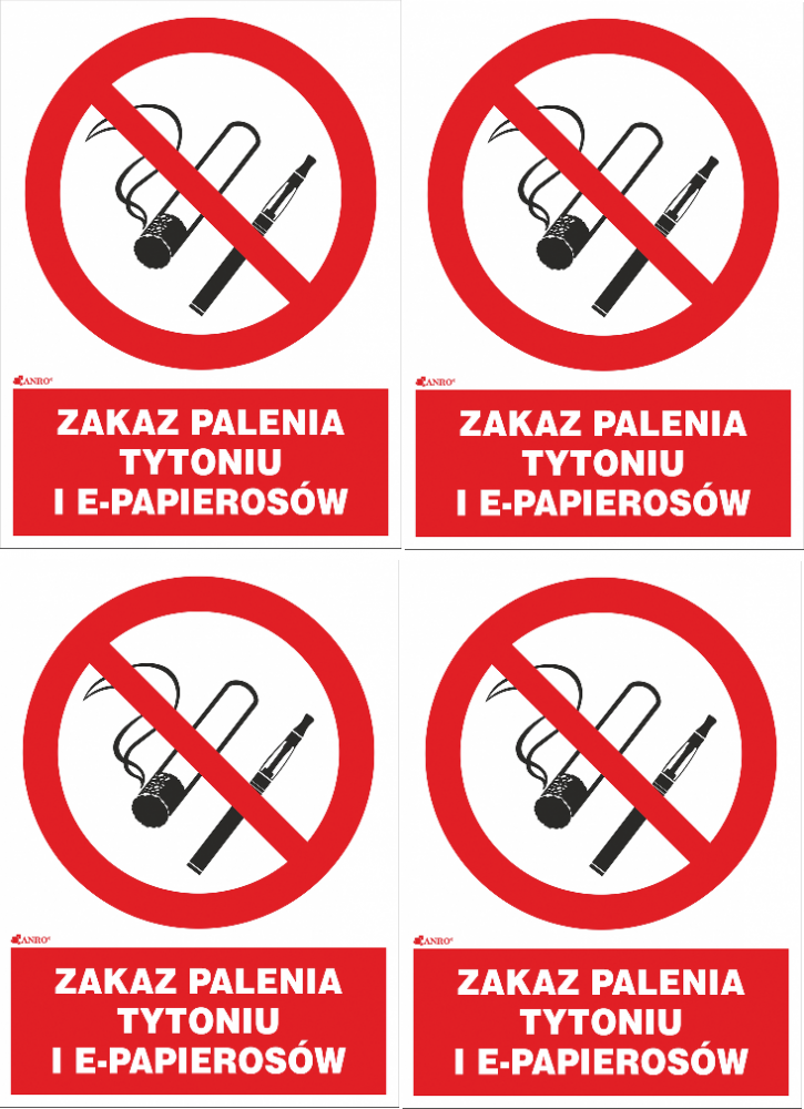 4x tabliczka informacyjna Anro, "Zakaz palenia tytoniu i e-papierosów" , PCV, 200x300mm