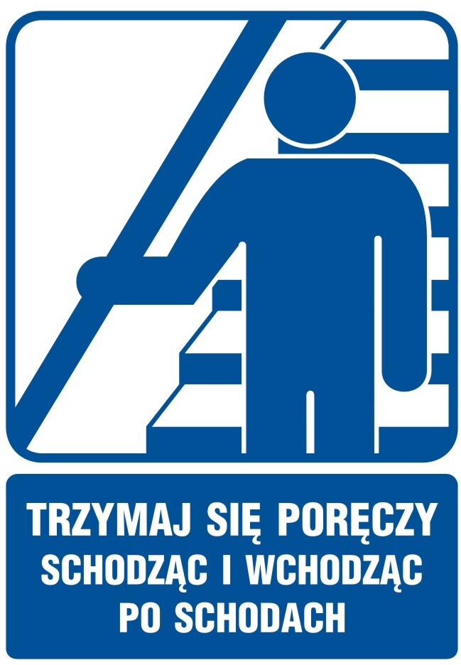 Tabliczka informacyjna "Trzymaj się poręczy schodząc i wchodząc po schodach 2"Z-RB030, płytka, 105x148mm