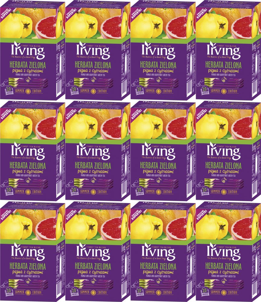12x Herbata zielona smakowa w kopertach Irving, pigwa z cytrusami, 20 sztuk x 1.5g