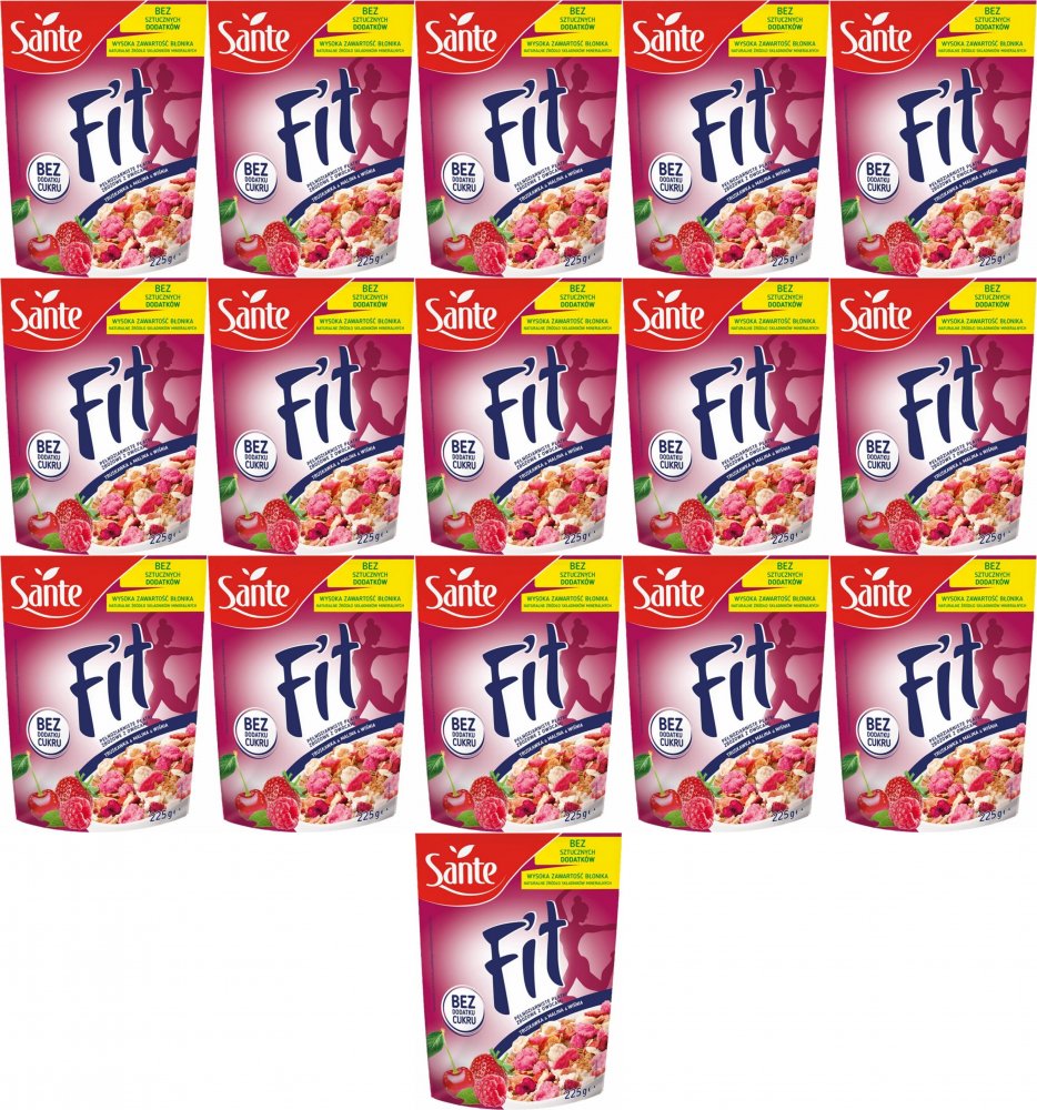 16x Płatki śniadaniowe Sante Fit, truskawka/malina/wiśnia, bez cukru, 225g