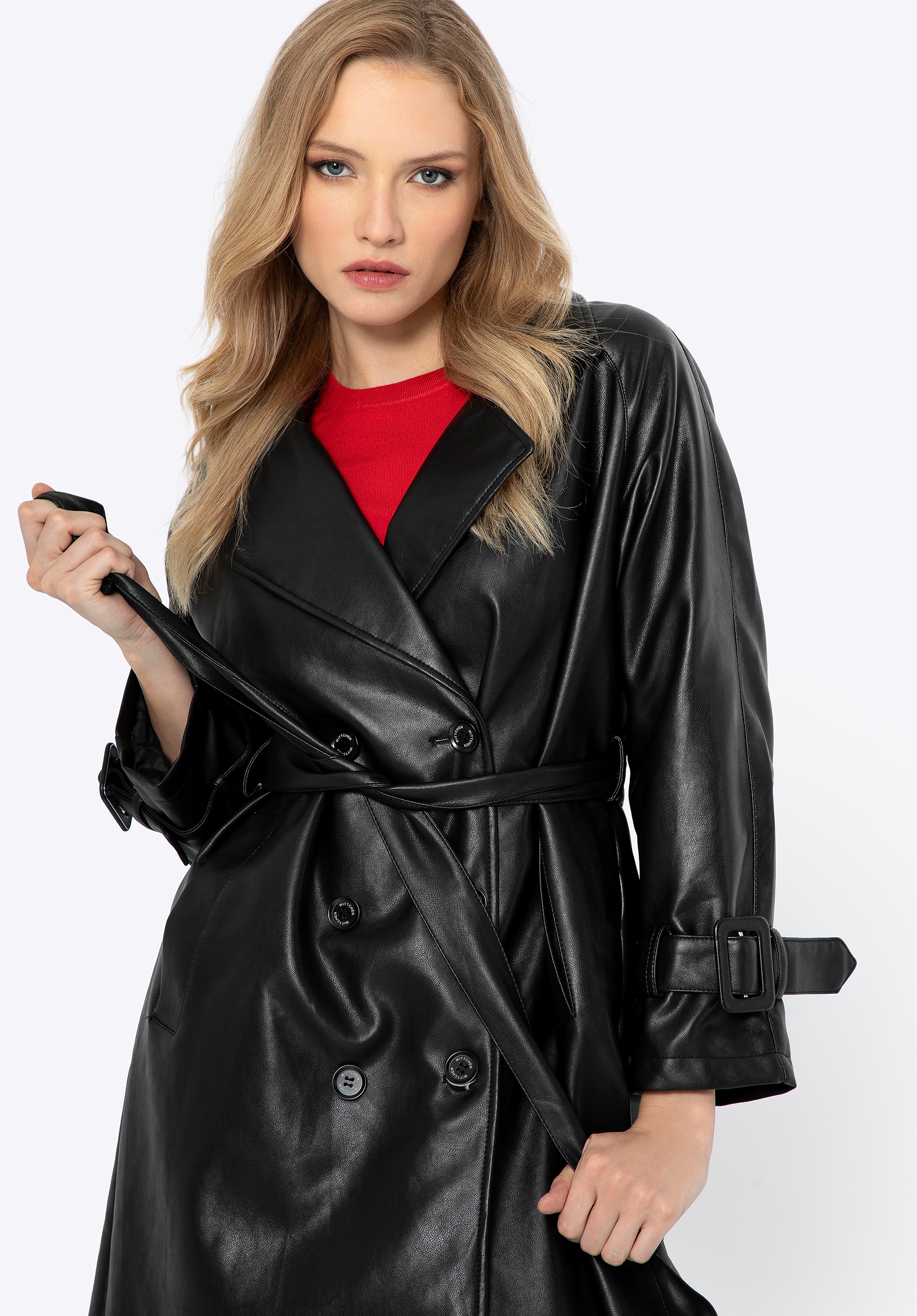 Damski płaszcz z ekoskóry dwurzędowy czarny