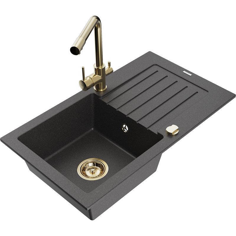 Zlewozmywak granitowy 1-komorowy Mexen Pablo z ociekaczem i baterią kuchenną Duero czarny nakrapiany 6510-76-671600-50