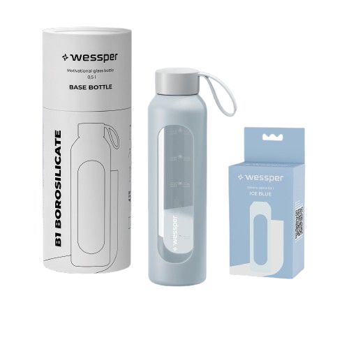 Butelka na wodę, Wessper B1, motywacyjna, z miarką, z etui, szkło borokrzemowe, bidon, 500ml, jasnoniebieska, 1szt