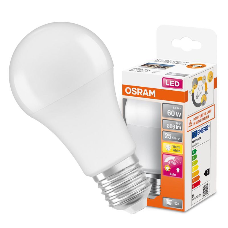Żarówka LED Osram A60 E27 8.8W 806lm 2700K 200st z Czujnikiem Ruchu i Zmierzchu 1 szt.