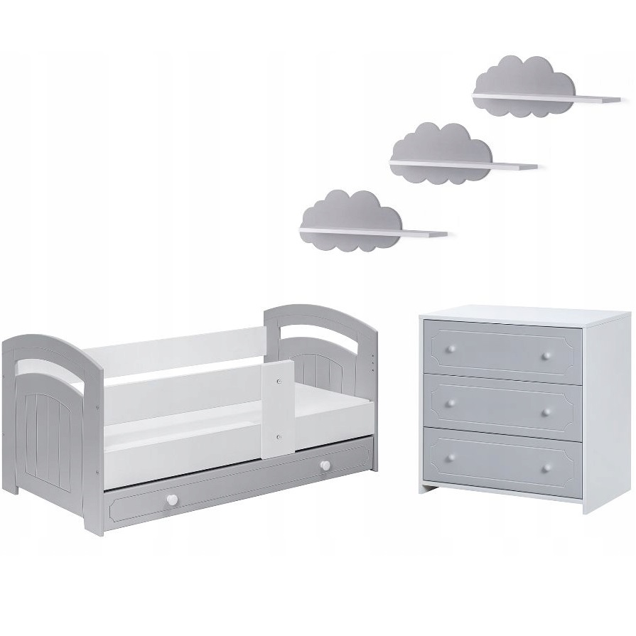 Zestaw mebli dziecięcych łóżko komoda półki GUCIO szary BR