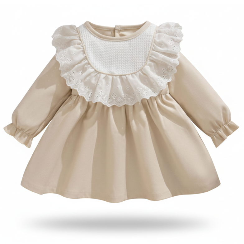 Sukienka świąteczna beżowa z koronkowym kołnierzykiem NS