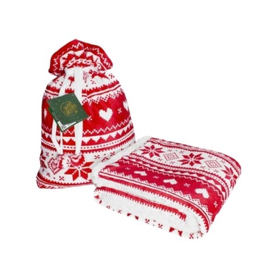 Koc świąteczny w worku Czerwone Serca i baranek 150x200 cm AG