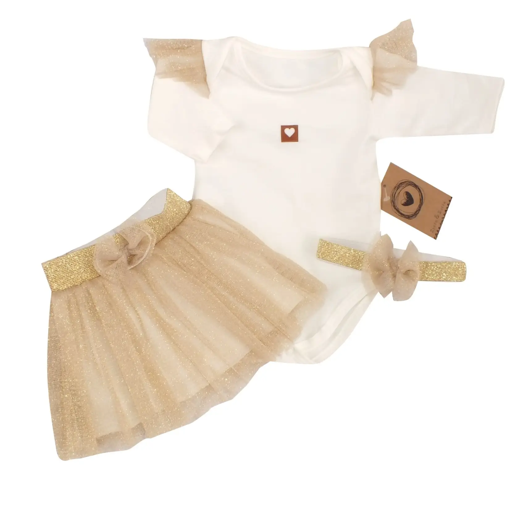 3CZ KOMPLET Z TIULEM BODY + SPÓDNICZKA TIULOWA +OPASKA ZŁOTY ZZ - 80