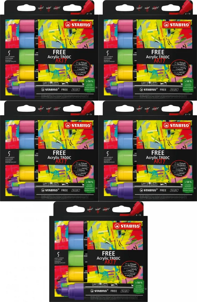 5x Pisak akrylowy Stabilo Free Acrylic T800C 693/5 Seaside Set, ścięta, 4-10mm, 5 sztuk, mix kolorów