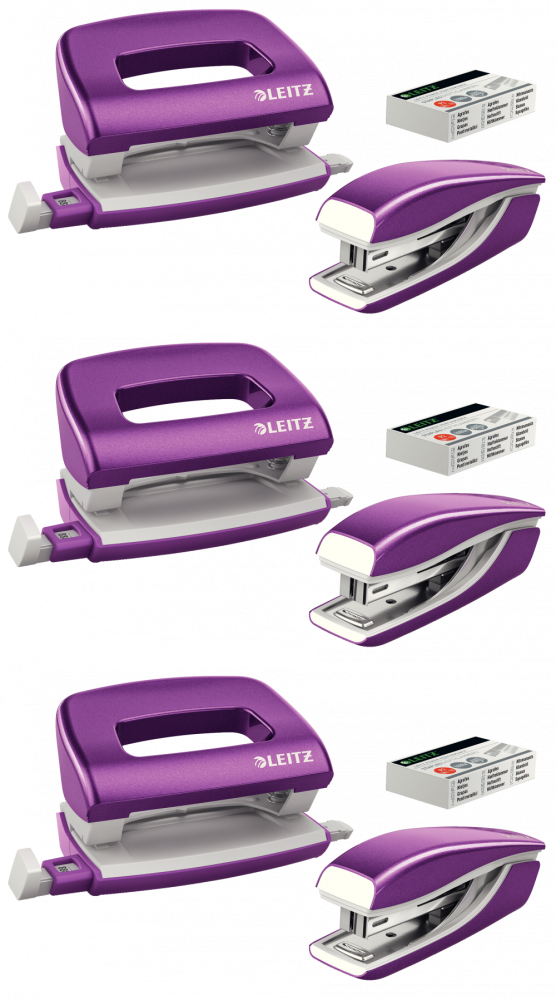 3x Zestaw zszywacz i dziurkacz Leitz Mini NeXXt Wow, metalowy, fioletowy
