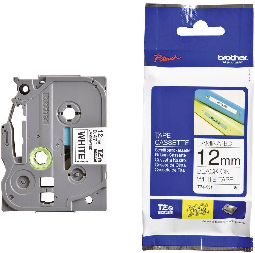 Taśma laminowana do drukarek etykiet Brother TZE231, 12mmx8m, nadruk czarny, taśma biała