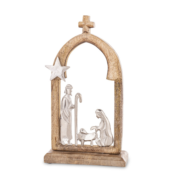 Szopka metal srebrna Święta Rodzina w drewnie 27x15 cm