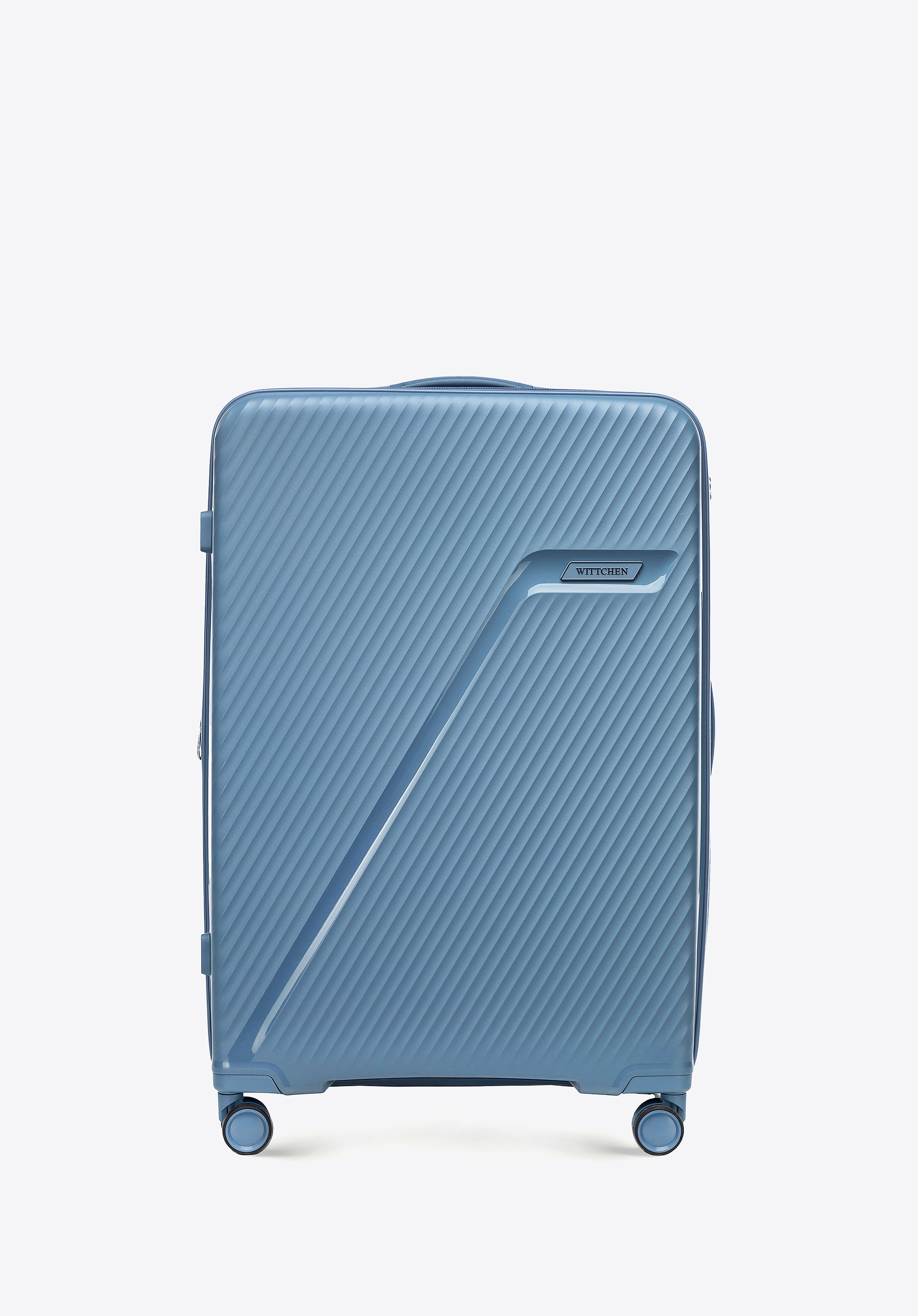 Duża walizka z polipropylenu w ukośne pasy niebieska
