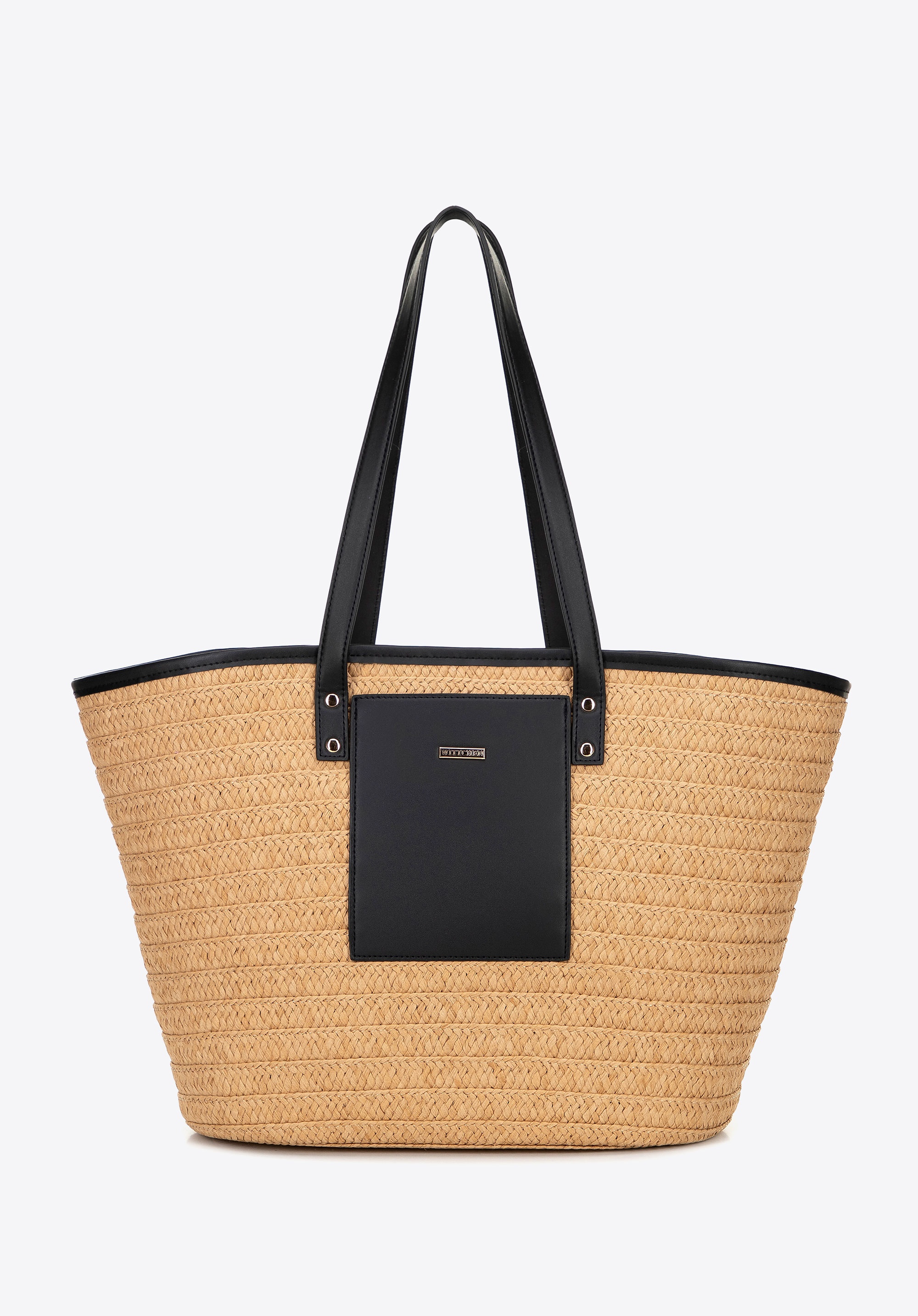 Damski koszyk z plecionki i ekoskóry beżowo - czarny