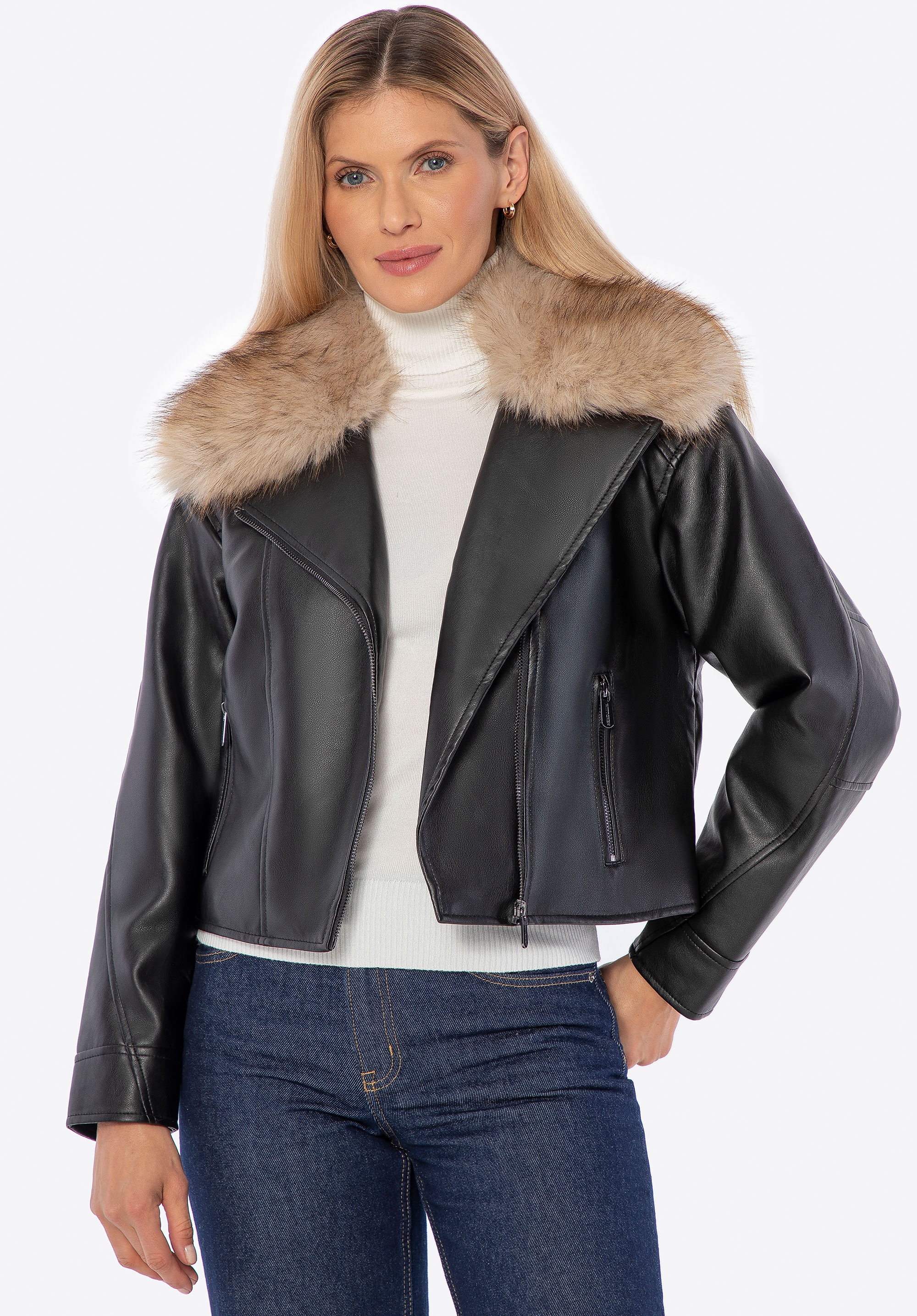 Ocieplana damska ramoneska z futrzanym kołnierzem czarna