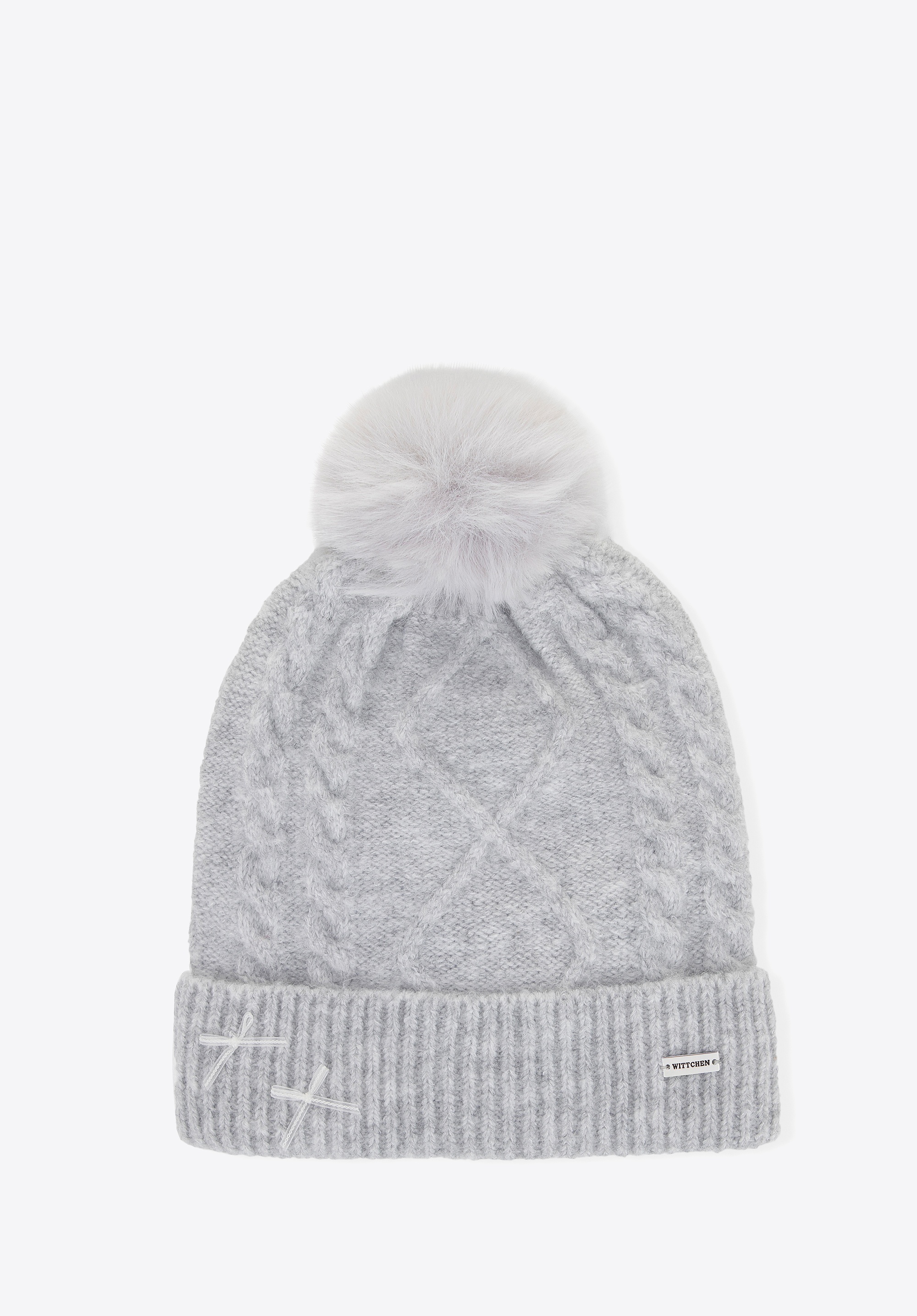 Damska czapka z pomponem i kokardami szara