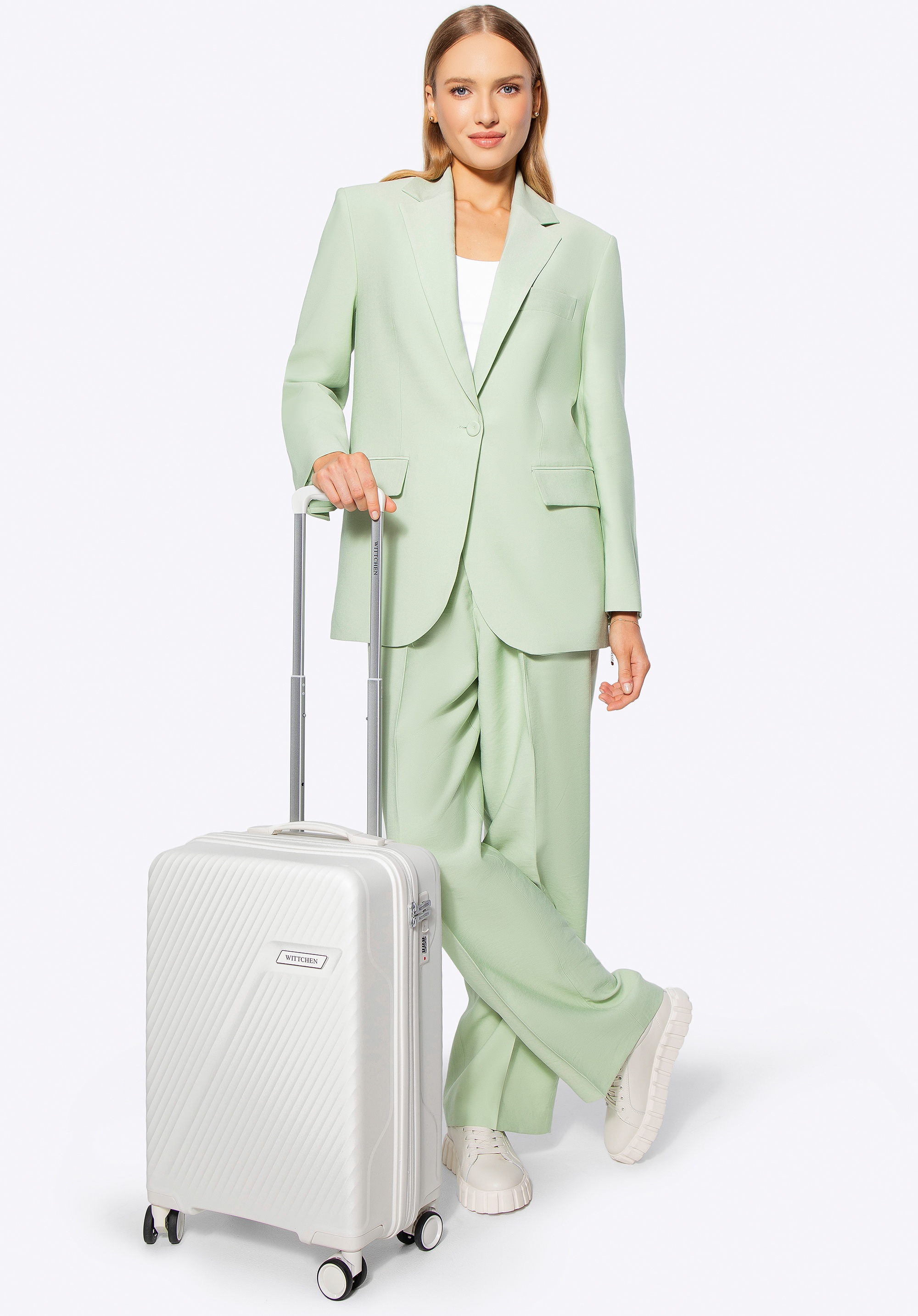 Mała walizka z polipropylenu w ukośne pasy biało - srebrna