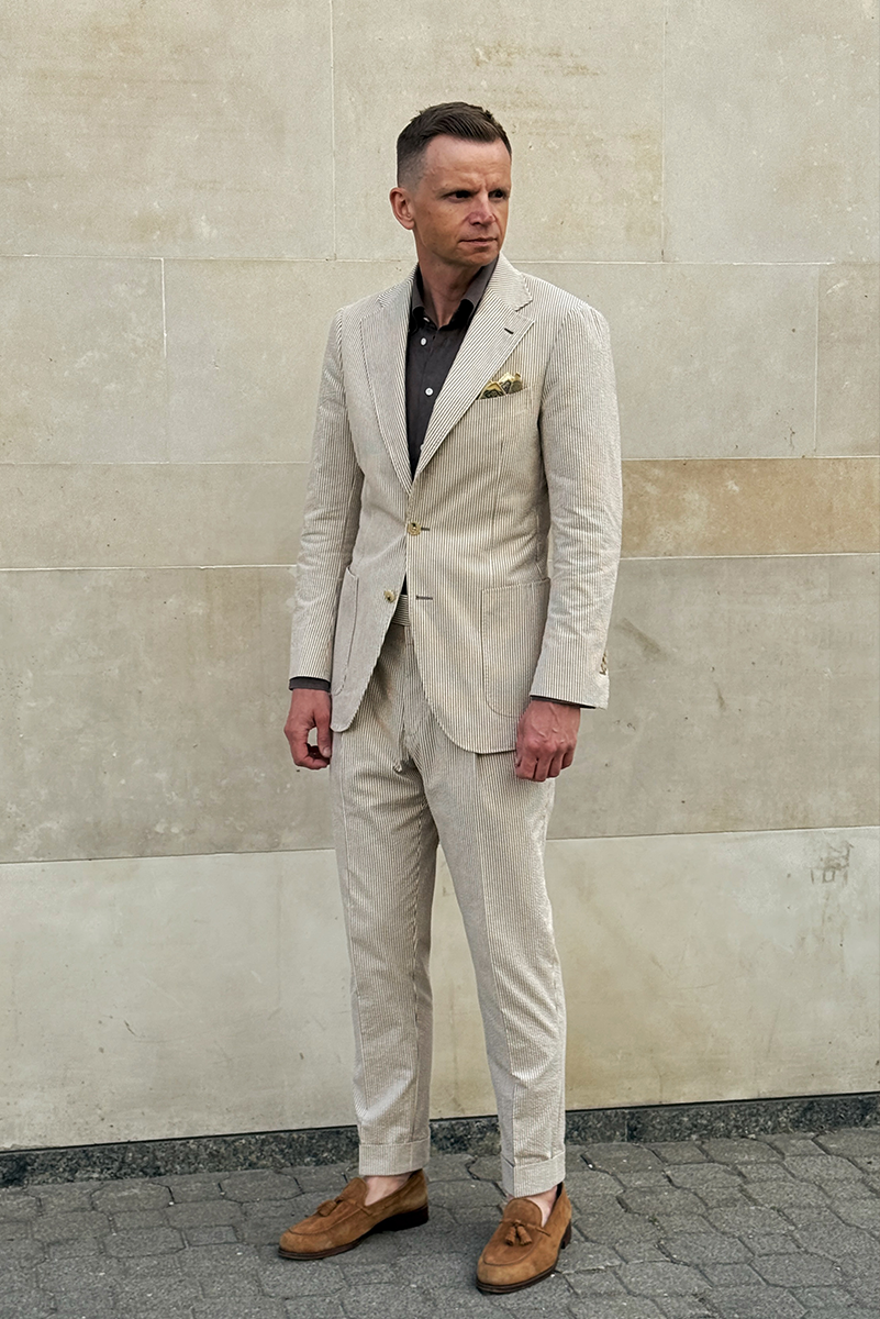 Garnitur Seersucker, beżowy w prążek, bawełniany