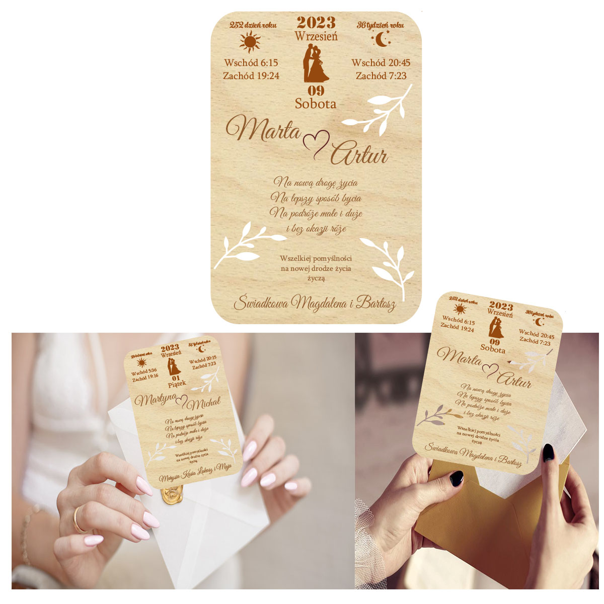 Drewniana kartka na ślub EKO życzenia prezent pudełko na pieniądze karta z kalendarza grawer, Imiona, data