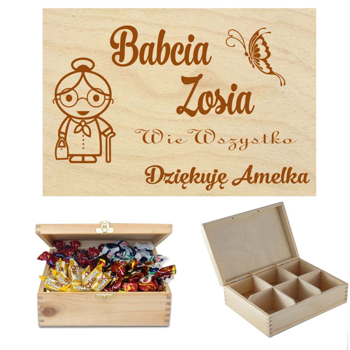 Prezent dla Babci drewniane pudełko na słodycze, czekoladki, cukierki, sprzęt krawiecki, niezbędnik na drobiazgi, herbaciarka z grawerem Imi