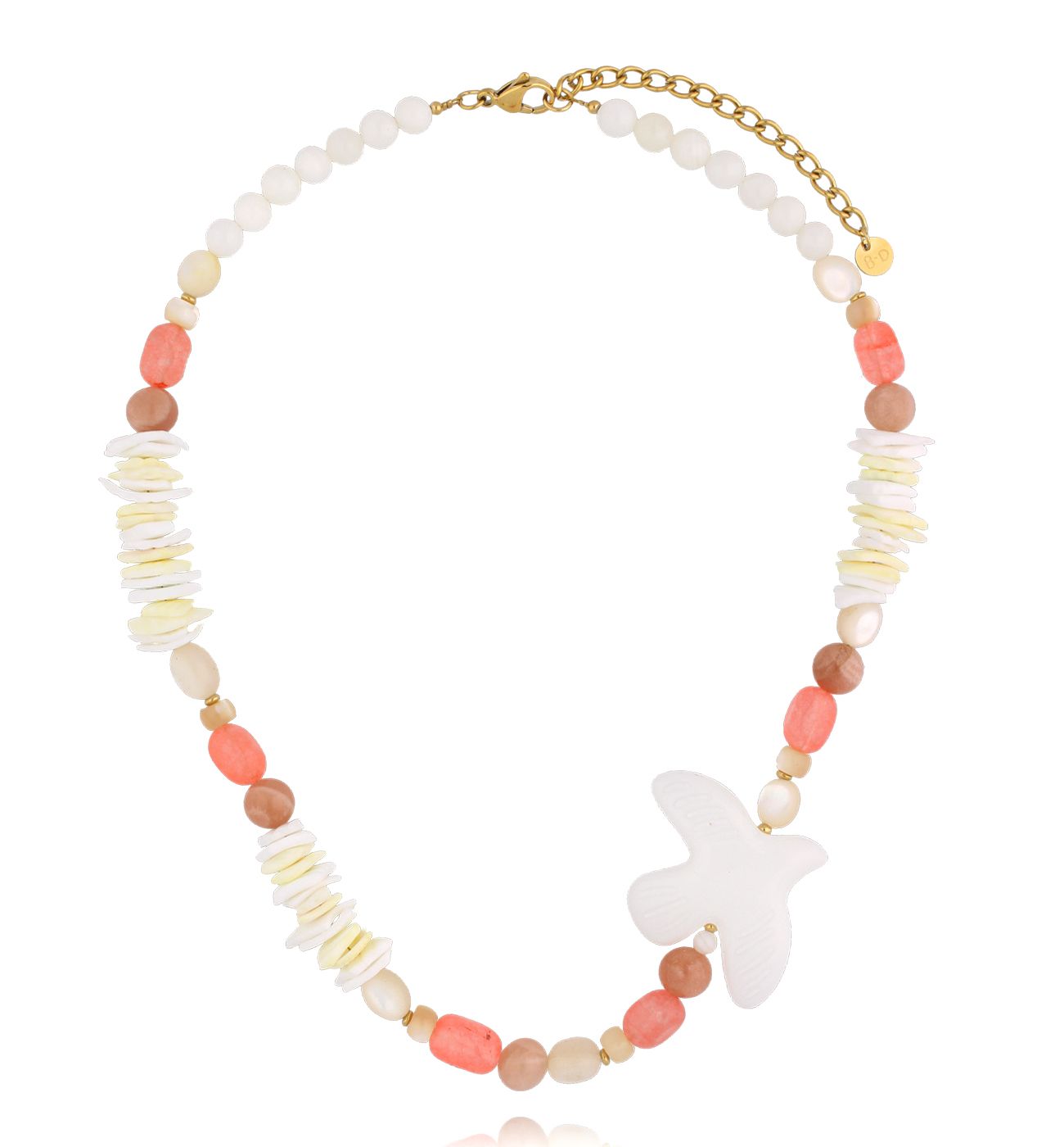 Naszyjnik z gołębiem i kamieniami w odcieniach brzoskwini i kości słoniowej NPA1458