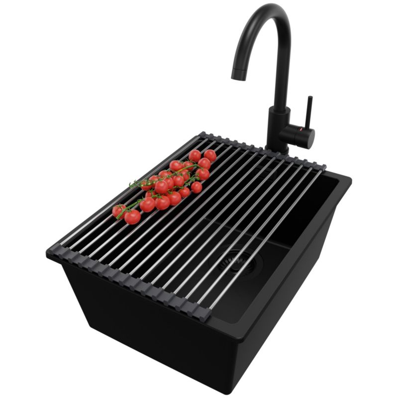 Zlewozmywak Granitowy Londyn Slim PRIMAGRAN Nablatowy 36x47cm do szafki od 40cm z Syfonem i Baterią i Dodatkiem Cały Czarny 1 szt.