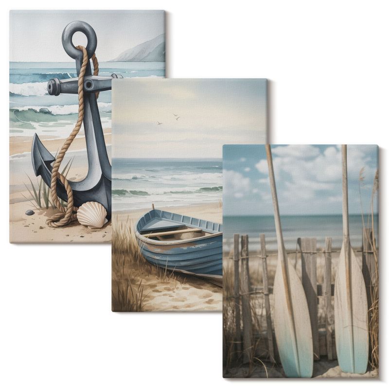 Komplet Obrazów Na Płótnie Wallfluent 40x60 cm Kotwica łódka wiosła plaża 3 szt.