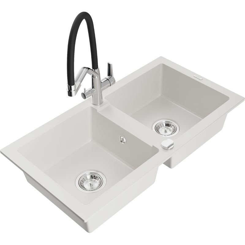 Zlewozmywak granitowy 2-komorowy Mexen Mario z baterią kuchenną Duo biały 6504-20-671701-07