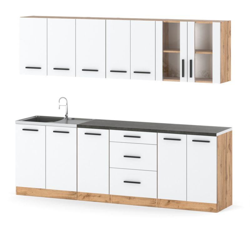 Zestaw Kuchenny Hurtownia-Mebli Z Blatem Kuchnia Remino 260cm Dąb Wotan Biały Mat 260x47x145 cm 1szt.