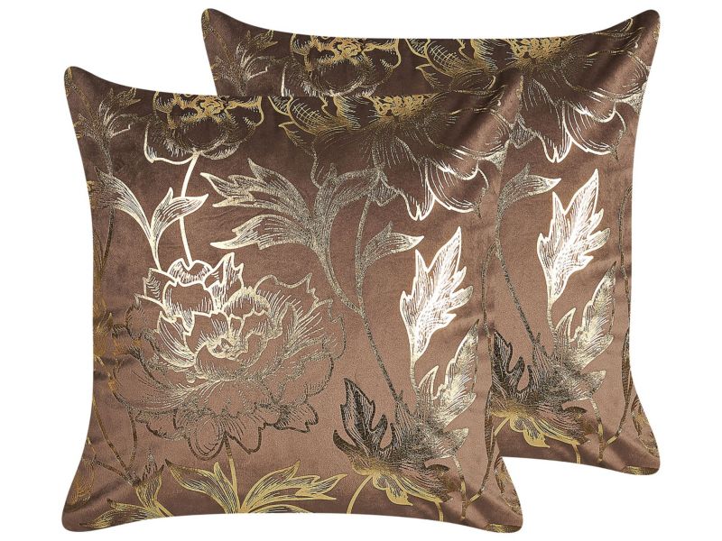 Zestaw 2 poduszek Wzór kwiatowy Daffodil Welur 45 x 45 cm Brązowy 1 par.