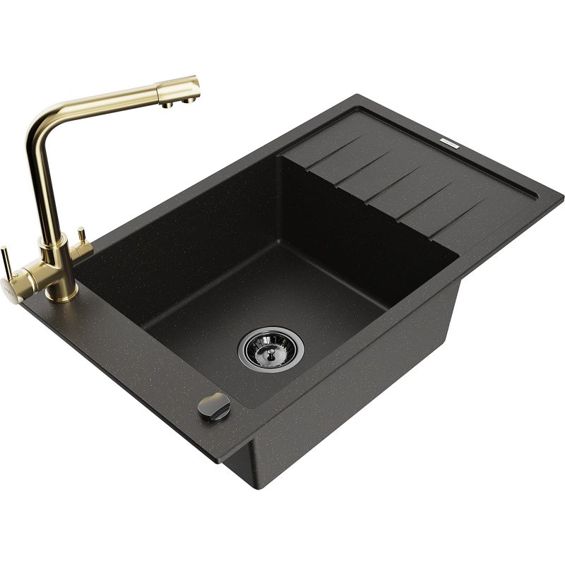 Zlewozmywak granitowy 1-komorowy Mexen Elias z ociekaczem i baterią kuchenną Duero czarny/złoty metalik 6511-75-671600-50-B