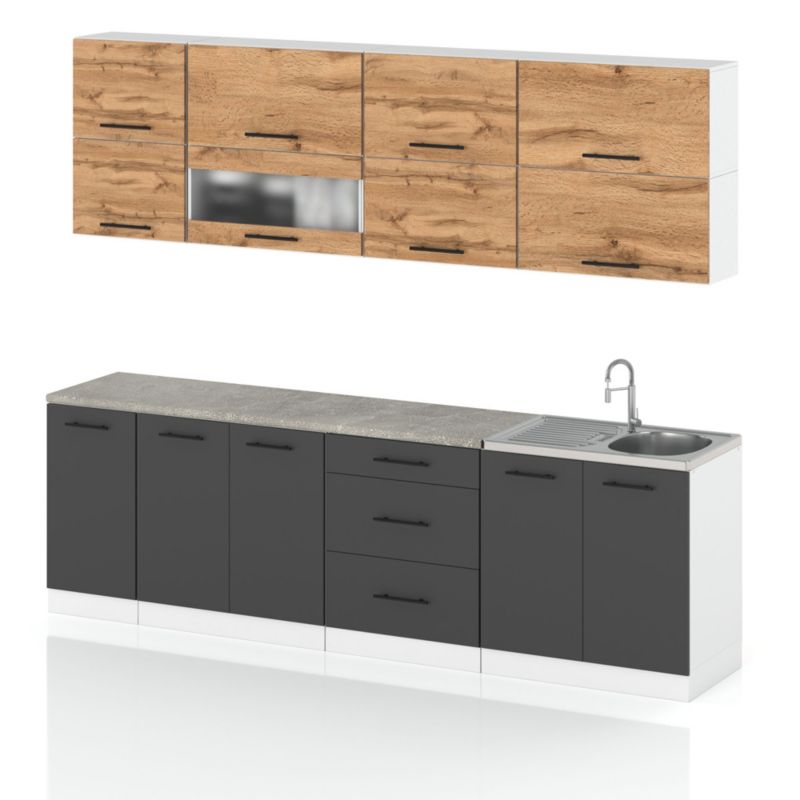 Zestaw Kuchenny Hurtownia-Mebli Z Blatem Kuchnia Robo Lux 260cm Biały Mat Dąb Wotan/Szary Mat 260x52x157 cm 1szt.