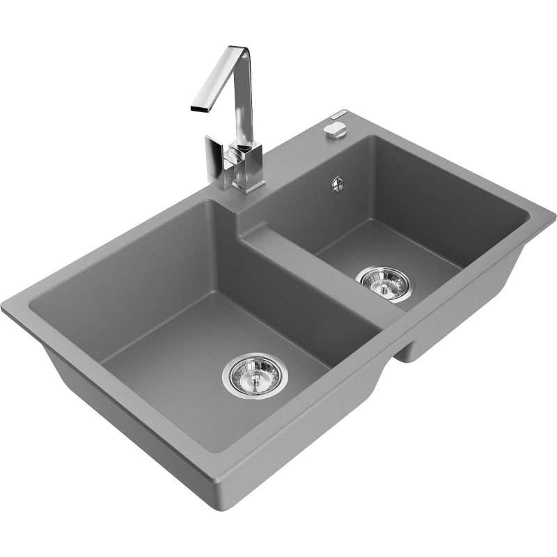 Zlewozmywak granitowy 2-komorowy Mexen Tomas z baterią kuchenną Rita szary - 6516-71-670300-70 1 szt.