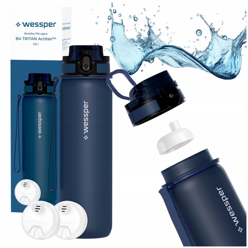 Butelka na wodę, Wessper, filtrująca, tritanowa, bidon + 2x filtr wody, bez BPA, 500ml, B4 TRITAN Actitex, niebieska, 3szt