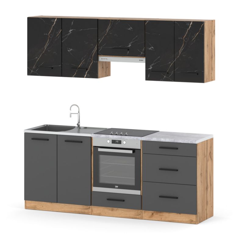 Zestaw Kuchenny Hurtownia-Mebli Z Blatem Kuchnia Mini Mokka Full 200cm Dąb Wotan San Sebastian/Szary Mat 200x47x145 cm 1szt.
