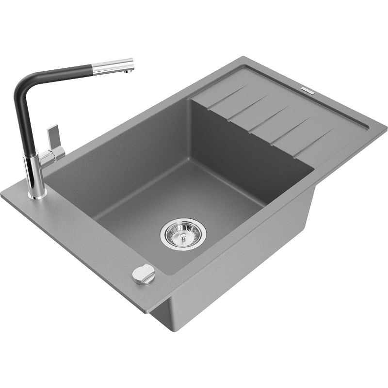 Zlewozmywak granitowy 1-komorowy Mexen Elias z ociekaczem i baterią kuchenną Flora szary 6511-71-670401-07