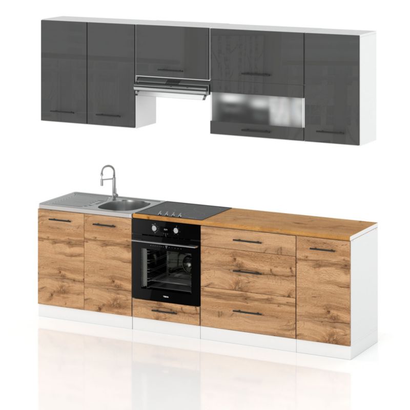 Zestaw Kuchenny Hurtownia-Mebli Z Blatem Kuchnia Marocco 260cm Biały Mat Szary Połysk/Dąb Wotan 260x52x157 cm 1szt.